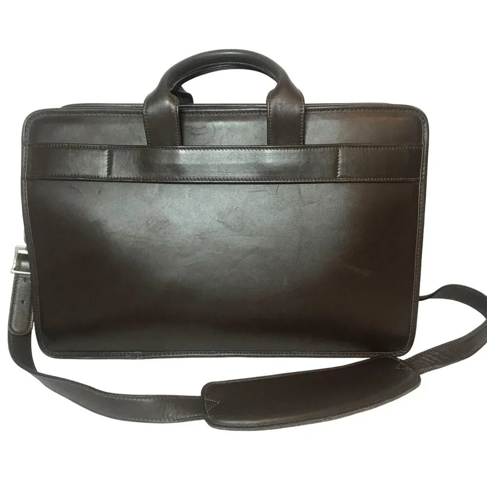 JACK ROGERS Mens Executive Leather Briefcase Messenger Bag Brown Zip Top 16